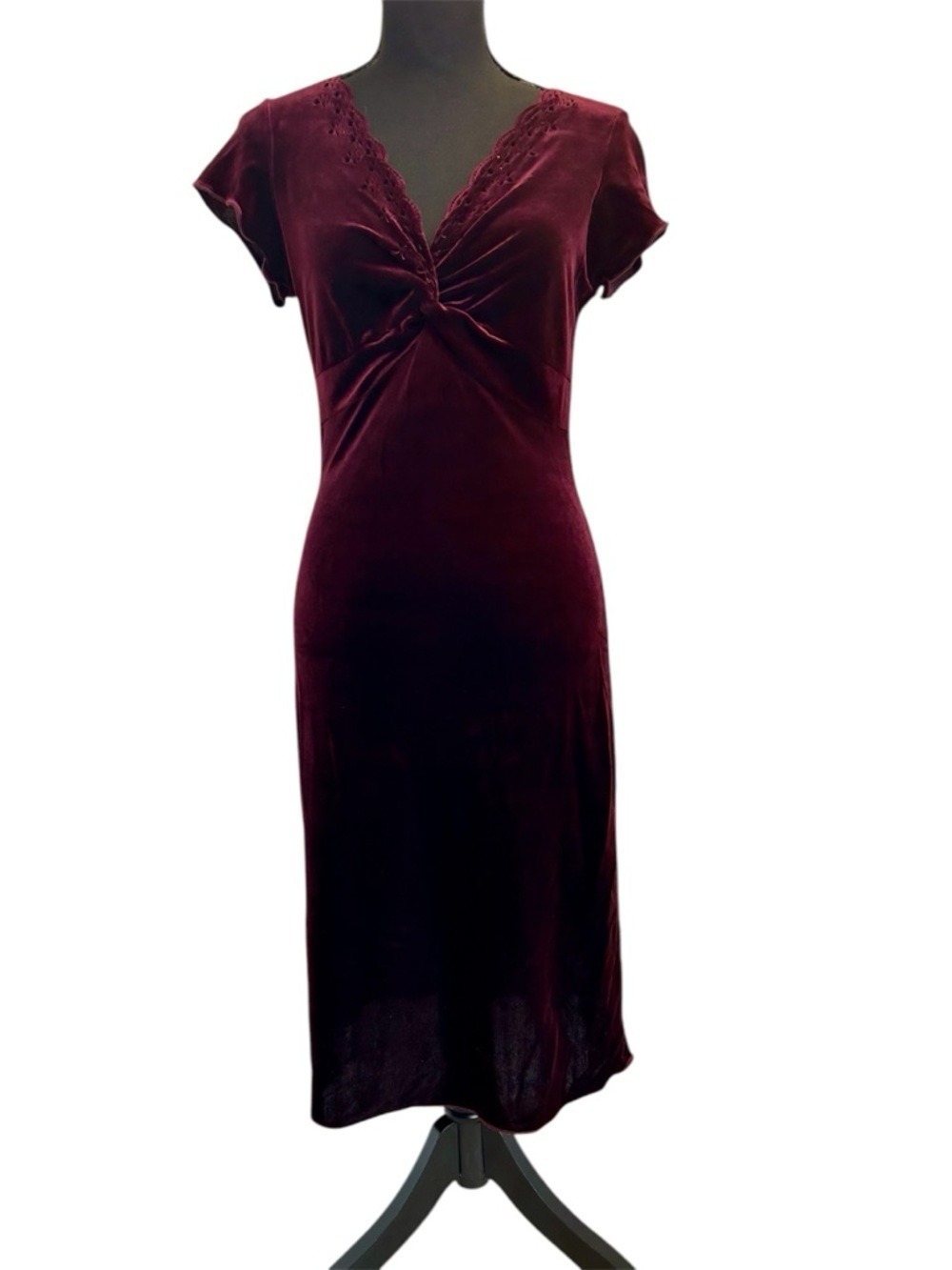 Le Chateau Velvet Twist Front Midi Dress wine Burgundy short sleeve Sz M